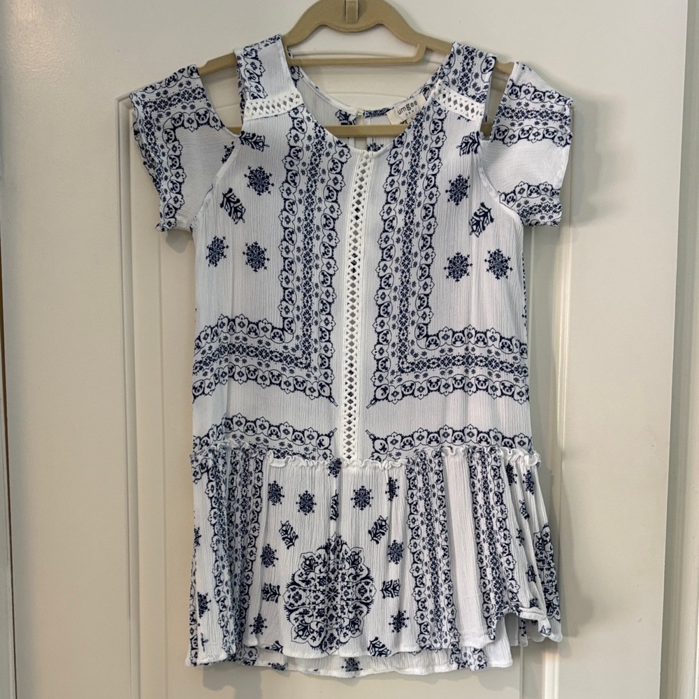 Women's Blue and White Boho Top